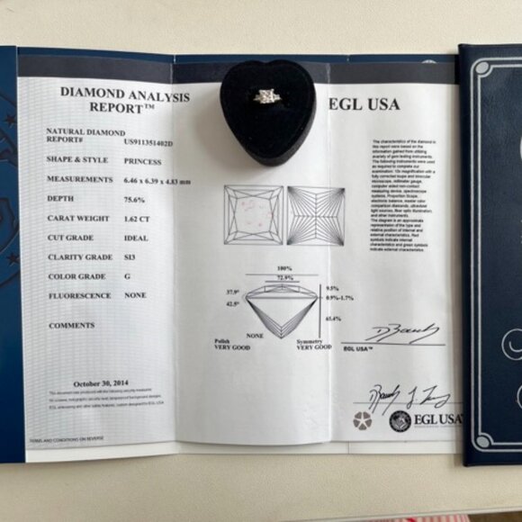 Princess Cut Diamond Engagement Ring 1.62 CT G SI3 Ideal EGL USA White Gold - Picture 5 of 11